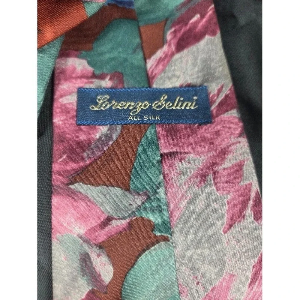 Lorenzo Selini Men's Silk Necktie Floral Red Pink Green Vintage Classic Tie